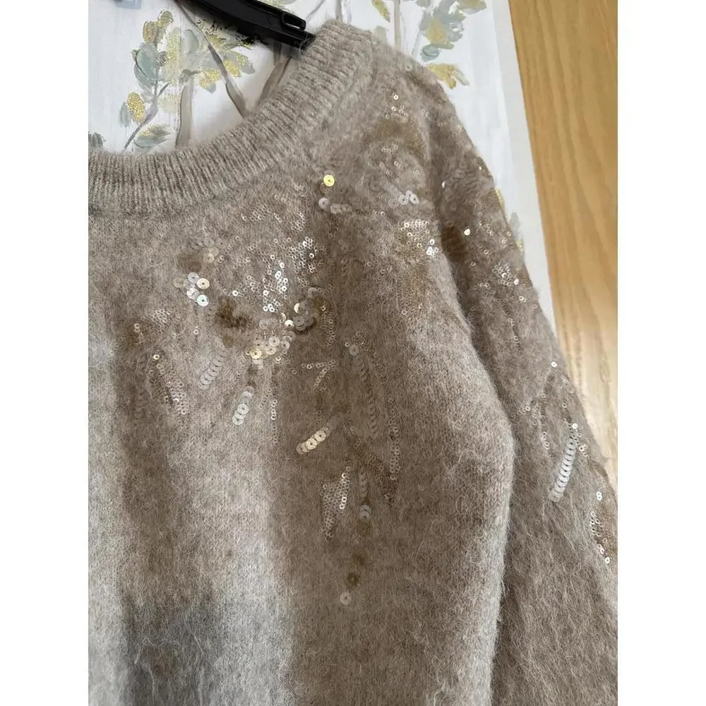 White House Black Market Beige Sweater with Sequin Detail, Size M - Picture 3 of 8